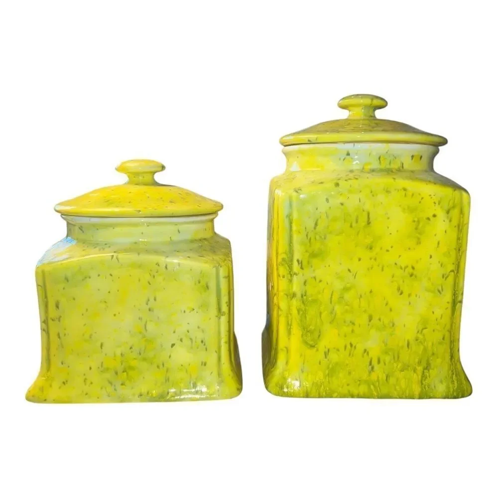 Handmade Yellow & Green Splatter Ceramic Canister Set of 2 w/ Lids EUC